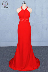 Kateprom Stylish Halter Mermaid Prom Dress, Red Mermaid Open Back Long Evening Dresses KPP1095