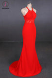 Kateprom Stylish Halter Mermaid Prom Dress, Red Mermaid Open Back Long Evening Dresses KPP1095