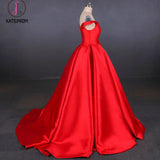 Kateprom Puffy Off the Shoulder Red Satin Prom Dress, A Line Party Dress with Belt KPP1096