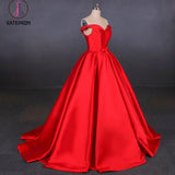 Kateprom Puffy Off the Shoulder Red Satin Prom Dress, A Line Party Dress with Belt KPP1096