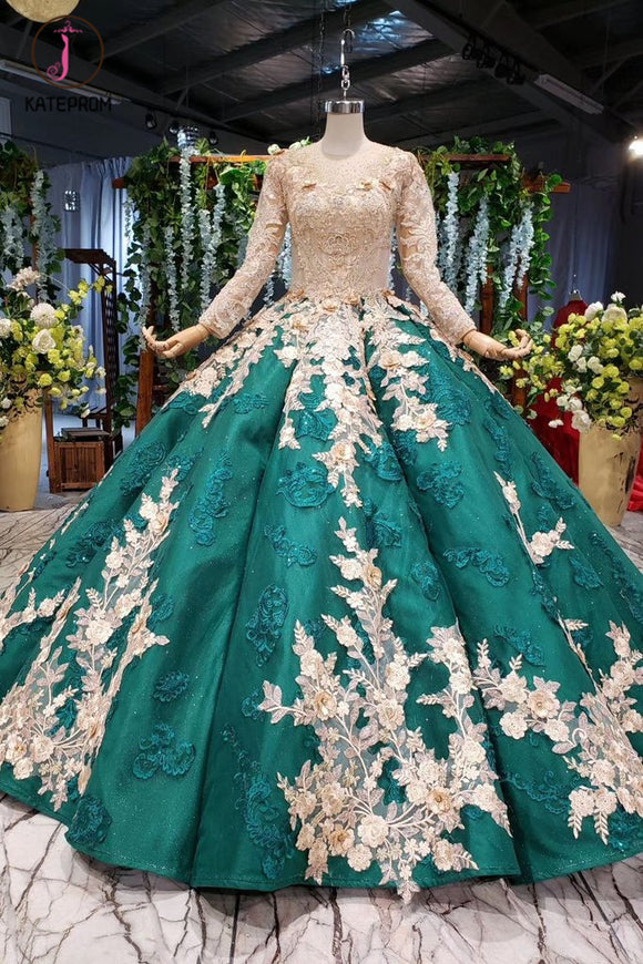 Kateprom Ball Gown Long Sleeves Floor Length Prom Dress with Appliques, Quinceanera Dresses KPP1100