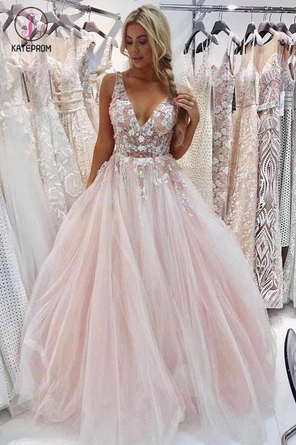 Kateprom Light Pink V Neck Sleeveless Tulle Prom Dress with Flowers and Beads KPP1101