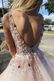 Kateprom Light Pink V Neck Sleeveless Tulle Prom Dress with Flowers and Beads KPP1101