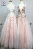 Kateprom Light Pink V Neck Sleeveless Tulle Prom Dress with Flowers and Beads KPP1102