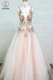 Kateprom Light Pink V Neck Sleeveless Tulle Prom Dress with Flowers and Beads KPP1102