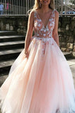 Kateprom Light Pink V Neck Sleeveless Tulle Prom Dress with Flowers and Beads KPP1102
