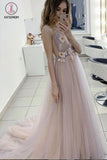 Kateprom Charming Spaghetti Straps Deep V Neck Tulle Prom Dress with Flowers, A Line Party Dress KPP1103