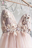 Kateprom Charming Spaghetti Straps Deep V Neck Tulle Prom Dress with Flowers, A Line Party Dress KPP1103