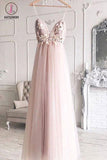Kateprom Charming Spaghetti Straps Deep V Neck Tulle Prom Dress with Flowers, A Line Party Dress KPP1103