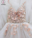 Kateprom Elegant Appliques Ivory Tulle Floor Length Prom Dress, V neck Long Evening Party Gowns KPP1104