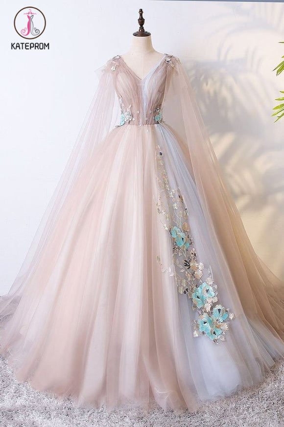 Kateprom Ball Gown V Neck Tulle Prom Dress with Appliques, Unique Floor Length Quinceanera Dresses KPP1105