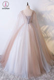 Kateprom Ball Gown V Neck Tulle Prom Dress with Appliques, Unique Floor Length Quinceanera Dresses KPP1105