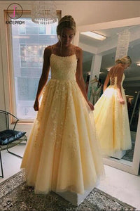Kateprom Yellow Puffy Spaghetti Straps Floor Length Prom Dress with Appliques, Long Evening Dress KPP1107