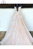 Kateprom Yellow Puffy Spaghetti Straps Floor Length Prom Dress with Appliques, Long Evening Dress KPP1107