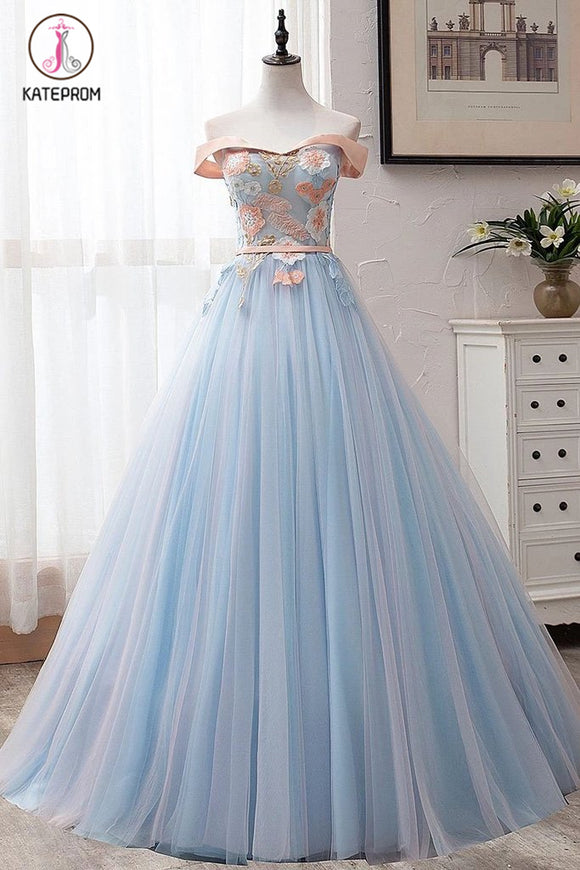 Kateprom Light Blue Off Shoulder Floor Length Tulle Prom Gown with Appliques, Puffy Long Evening Dress KPP1108