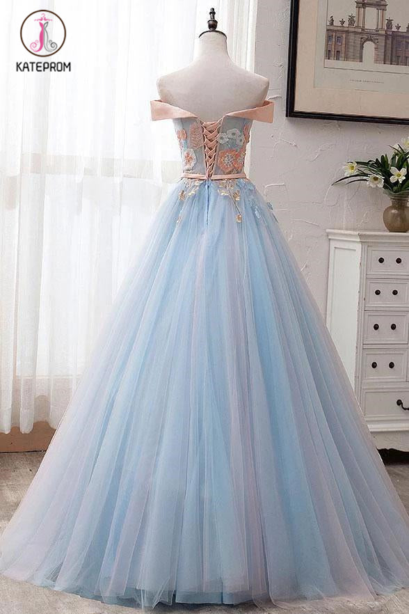 Kateprom Light Blue Off Shoulder Floor Length Tulle Prom Gown with App kateprom Kateprom Light Blue Off Shoulder Floor Length Tulle Prom Gown with App kateprom