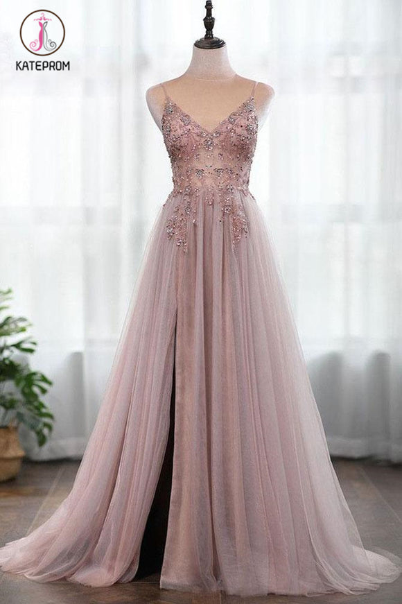 Kateprom Dusty Pink Spaghetti Straps Gorgeous Beading Prom Dress, A Line Split Tulle Evening Dresses KPP1109