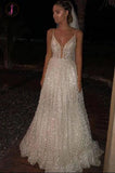 Kateprom New Style A Line Deep V Neck Sequined Prom Dresses, Spaghetti Straps Floor Length Dress KPP1110