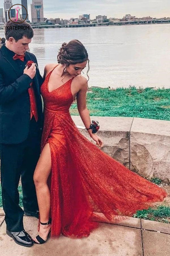 Kateprom Glitter Red Long Spaghetti Straps V Neck Prom Dresses, Sexy Floor Length Sequins Prom Gown KPP1111