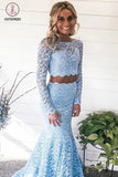 Kateprom Light Sky Blue Long Sleeves Mermaid Two Piece Prom Dresses, Long Lace Evening Dress KPP1112