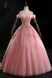 Kateprom Pink Ball Gown Off Shoulder Prom Dress with Flowers, Floor Length Applique Quinceanera Dress KPP1117