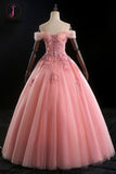 Kateprom Pink Ball Gown Off Shoulder Prom Dress with Flowers, Floor Length Applique Quinceanera Dress KPP1117