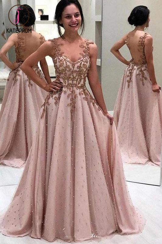 Kateprom Luxury Beaded Long Prom Dresses, A-line Popular Appliqued See Through Evening Dresses KPP1118
