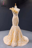 Kateprom Luxurious Mermaid One Shoulder Long Prom Dress Gorgeous Yellow Evening Dresses KPP1119