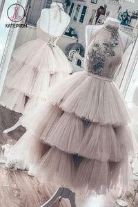 short puffy homecoming dresses Kateprom Unique Tea Length Layered Tulle High Neck Short Prom Dress, P – kateprom
