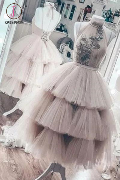Kateprom Unique Tea Length Layered Tulle High Neck Short Prom Dress, Puffy Homecoming Dress KPP1121