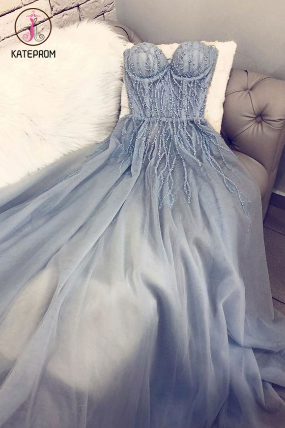 Kateprom Light Blue A Line Sweetheart Tulle Appliqued Prom Dresses, Charming Long Party Dresses KPP1122