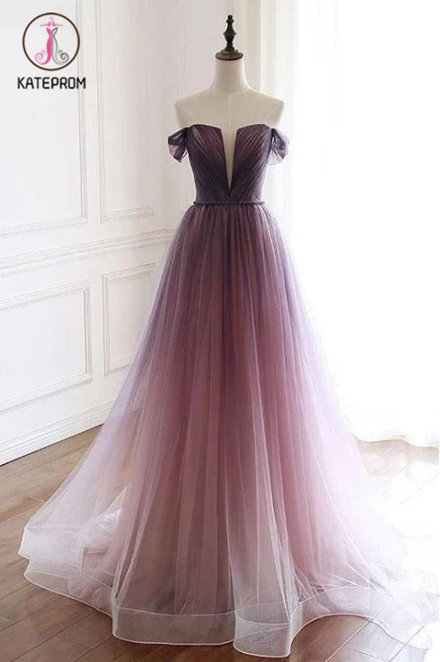 Kateprom A Line Off the Shoulder Ombre Prom Dresses with Belt, Purple Gradient Long Tulle Formal Dress KPP1123