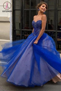 Kateprom Royal Blue Sweetheart Floor Length Tulle Prom Dress with Beads, A Line Long Formal Dress KPP1135