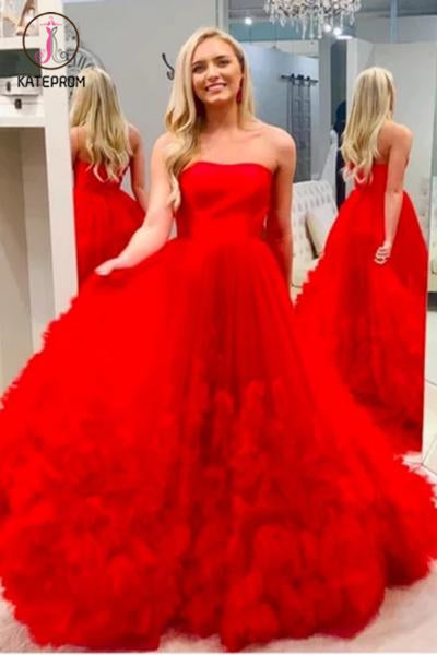 Kateprom Red Strapless Cheap Tulle Prom Dress, A Line Long Prom Dress With Train KPP1137
