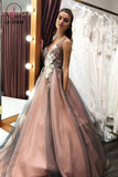 Kateprom A Line V Neck Sleeveless Tulle Party Dress with Flowers, Gorgeous Prom Dress with Appliques KPP1138