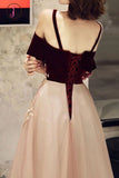 Kateprom A Line Straps Tulle Prom Dress with Appliques, Floor Length Short Sleeves Party Dresses KPP1143