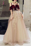 Kateprom A Line Straps Tulle Prom Dress with Appliques, Floor Length Short Sleeves Party Dresses KPP1143