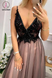 Kateprom Black V Neck Tulle Long Prom Dress with Appliques, Floor Length Backless Formal Dress KPP1145