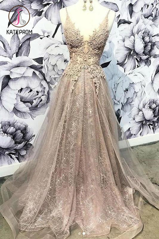 Kateprom Spaghetti Straps V Neck Long Prom Dress with Lace Appliques, Glitter Long Formal Dress KPP1150