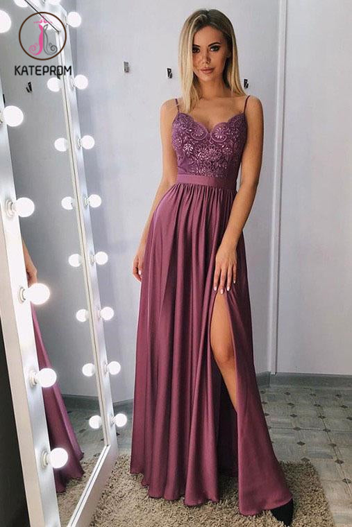 Kateprom Spaghetti Straps Floor Length Prom Dress with Appliques Beading, A Line Long Formal Dress KPP1154