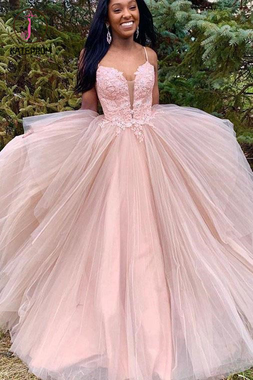 Kateprom Spaghetti Straps Tulle Long Prom Dress with Lace Appliques, New Pink Long Party Dress KPP1155