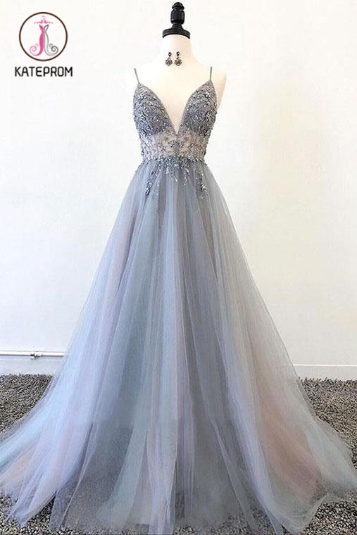 Kateprom Spaghetti Straps V Neck Tulle Prom Dress with Appliques, A Line Long Formal Dress with Beads KPP1160