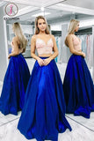 Kateprom Two Pieces Royal Blue Satin Prom Dresses, Spaghetti Strap Long Party Dress with Lace KPP1164