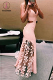 Kateprom Unique Pink Spaghetti Straps Mermaid Prom Dress with Flowers KPP1170