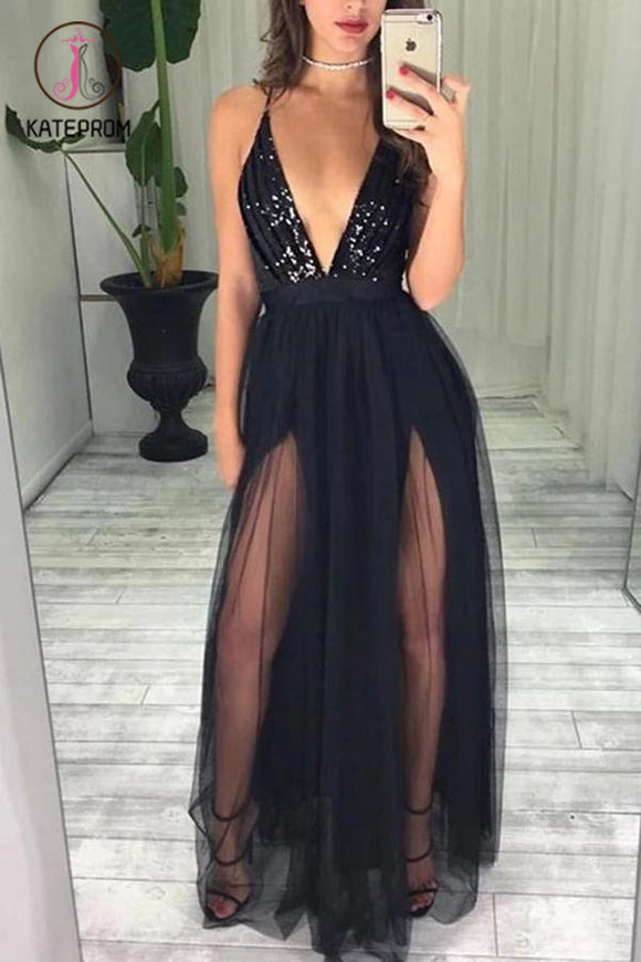 Kateprom Sexy Black Sequins And Tulle Spaghetti Straps Deep V Neck Simple Long Prom Dress KPP1173