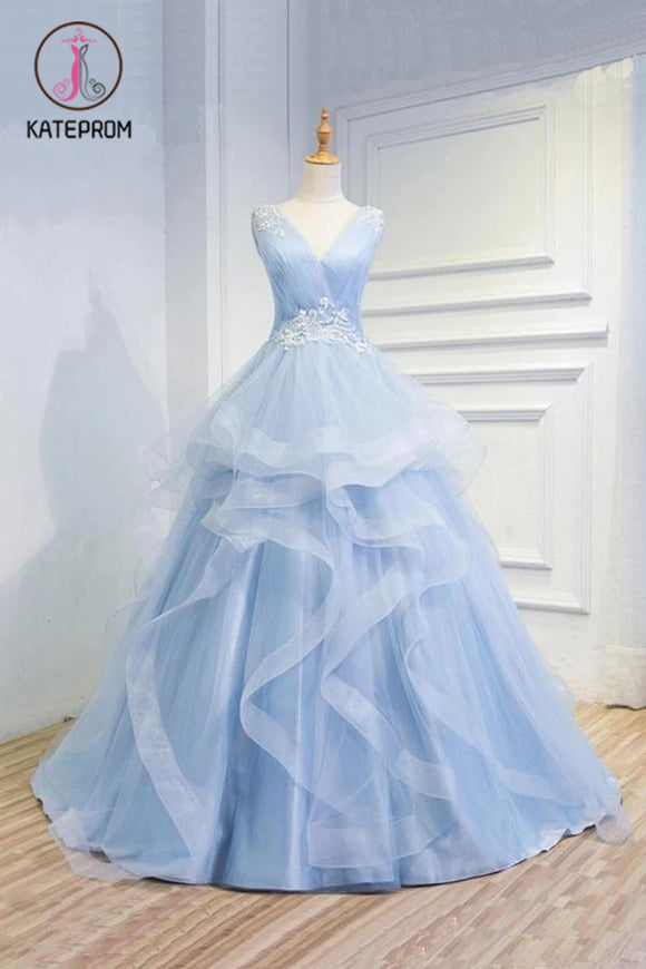 Kateprom Puffy V Neck Sleeveless Tulle Prom Dress with Appliques, Long Quinceanera Dress KPP1175
