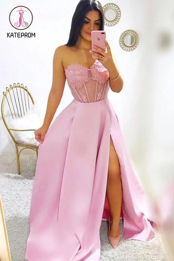 Kateprom Modest A-line Sweetheart Split Long Prom Dresses Fashion Prom Gowns with Appliques KPP1176
