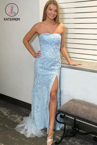 Kateprom Light Sky Blue Mermaid Strapless Split Prom/Formal Dress With Lace Appliques KPP1177
