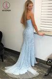 Kateprom Light Sky Blue Mermaid Strapless Split Prom/Formal Dress With Lace Appliques KPP1177
