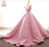 Kateprom Ball Gown Off the Shoulder Satin Prom Dress with Lace Appliques, Long Quinceanera Dress KPP1179